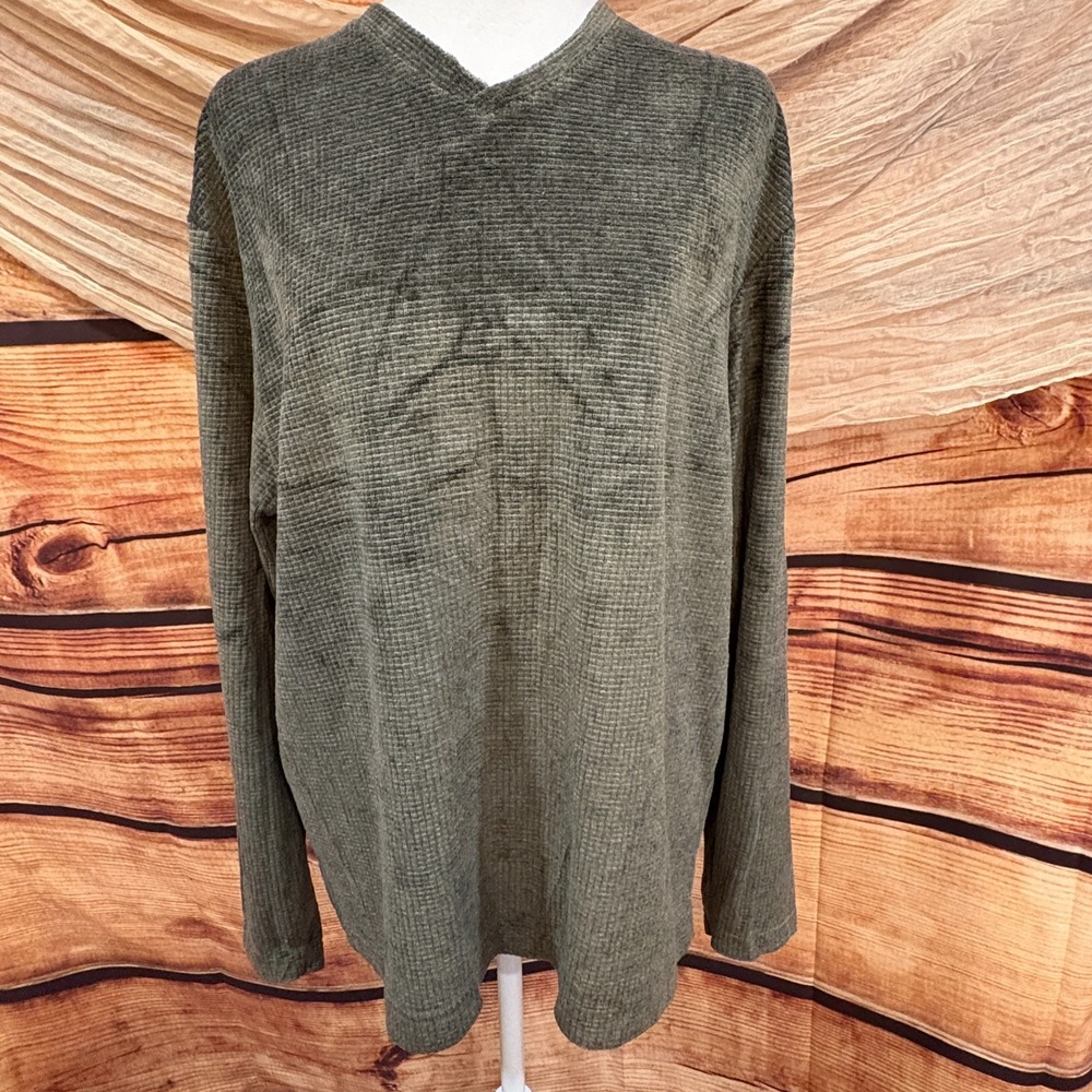 Claiborne Dark Olive Green‎ Textured Long Sleeve Pullover V Neck Top Size S